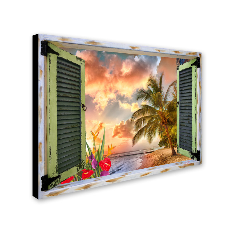 Tropical Sunset Beach View Canvas Print with Green Shutters
