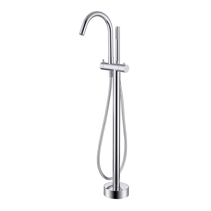 39"H Single Handle Floor Mounted Freestanding Tub Filler With Handheld Shower, Chrome