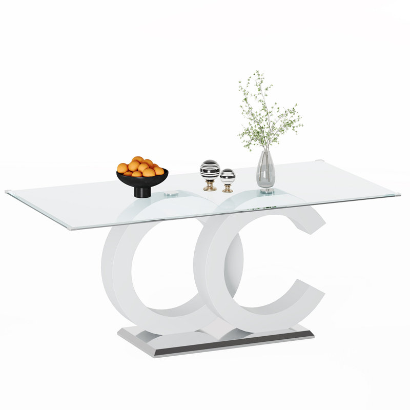 Table de salle à manger en verre trempé avec support central en panneau de fibres à densité moyenne et base en acier inoxydable pour un design moderne