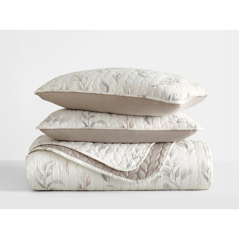 Latte Twin Down Alternative Reversible Microfiber Quilt Set with Watercolor Leaves