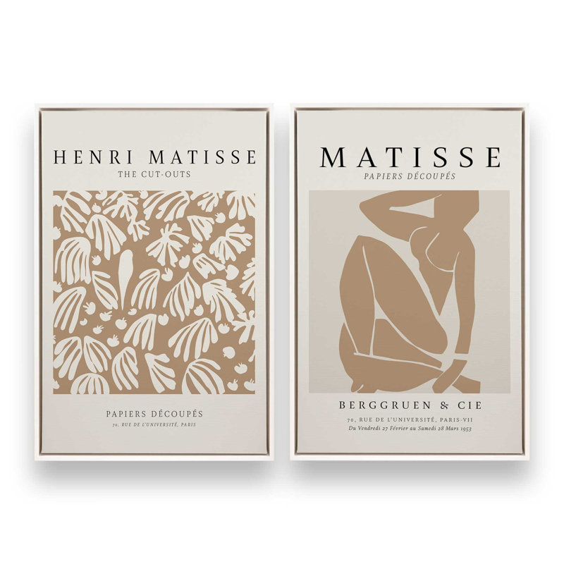 Ensemble de 2 Matisse The Parakeet et Nus Brun, H 19 po x l 26 po, Cadre flottant blanc opaque