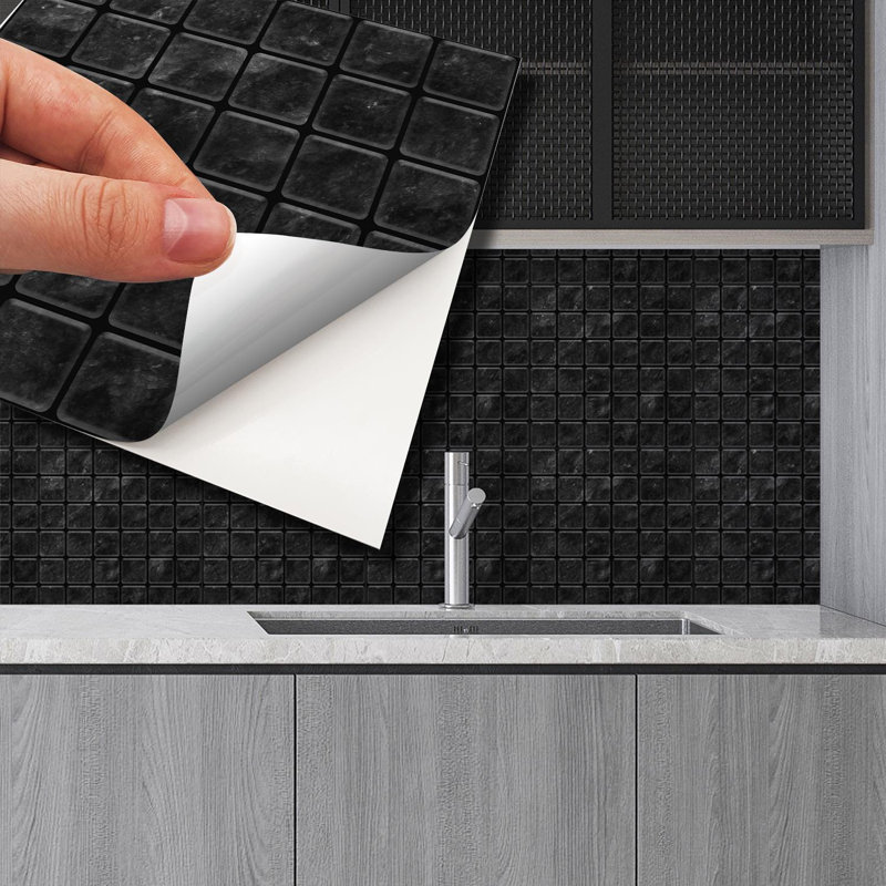 Aluminum Film Peel and Stick Field Tile Sticker 15cm W x 15cm L, Dark Marble