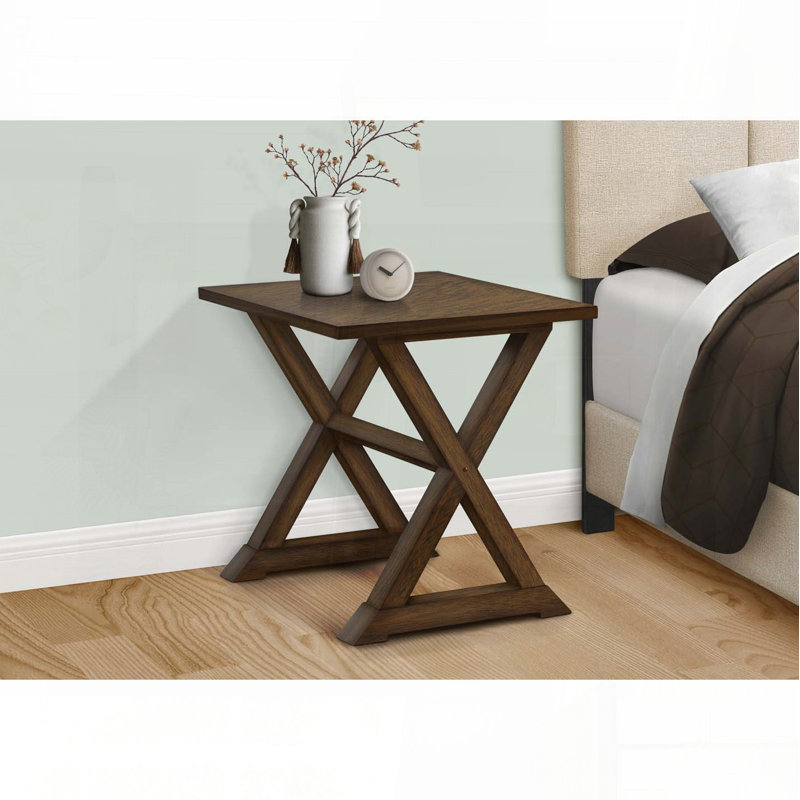 Table d'appoint carrée avec base à tréteaux - Placage en noyer brun, 22 po x 23,5 po x 23,5 po, Brun