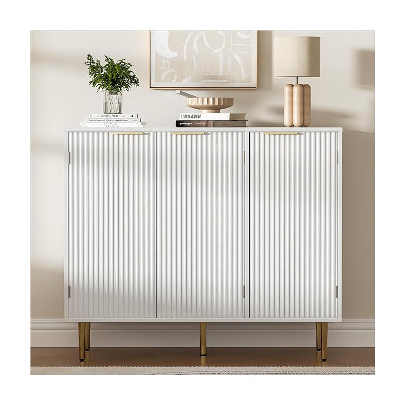 Fluted Buffet Sideboard With 3 Doors, Modern Accent Cabinet With Adjustable Shelves, Kitchen Storage With Golden Handles, Coffee Bar For Kitchen, Dining Room