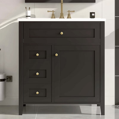 30-Inch Black Bathroom Vanity With Sink, Modern MDF And Rubberwood Cabinet With 3 Drawers And Adjustable Shelf, Freestanding Vanity For Bathroom Storage And Organization
