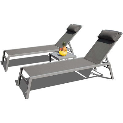Patio Chaise Lounge Set, 3 Pieces Aluminum Adjustable Pool Recliners With PVC-coated polyester Fabric And Side Table For Outdoor Relaxation