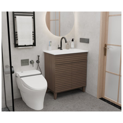 A 30-inch brown bathroom cabinet with a slatted horizontal pattern door, paired with a white ceramic basin, features a modern design that is both waterproof and durable.