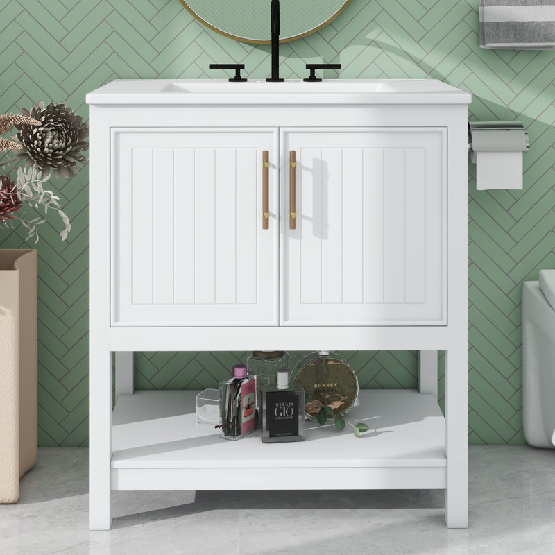Meuble-lavabo de 30 pouces avec lavabo en céramique et rangement polyvalent, Blanc