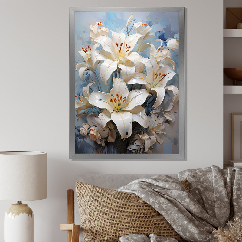 Fleurs de lys en fleurs III sur toile, H 32 po x l 16 po x P 1 po, Cadre simple argenté
