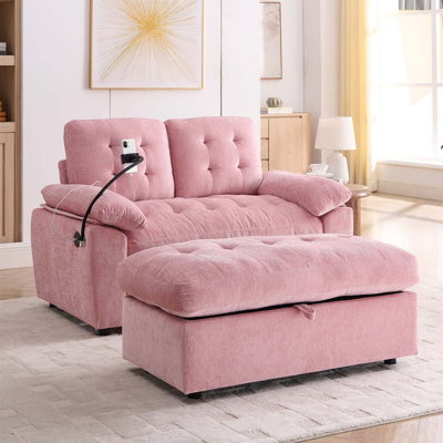 Canapé inclinable double Leisure avec dossier réglable, port de charge USB, support pour téléphone et repose-pieds de rangement assorti - rose