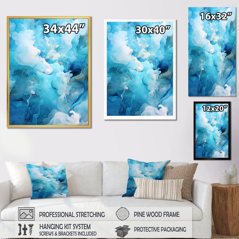 Fusion marine et blanche sur toile, Cadre doré simple, H 32 po x l 16 po x P 1 po