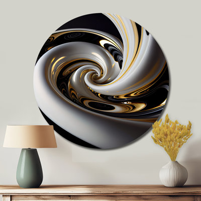 Vitrail doré noir et blanc III - Art abstrait rond en métal