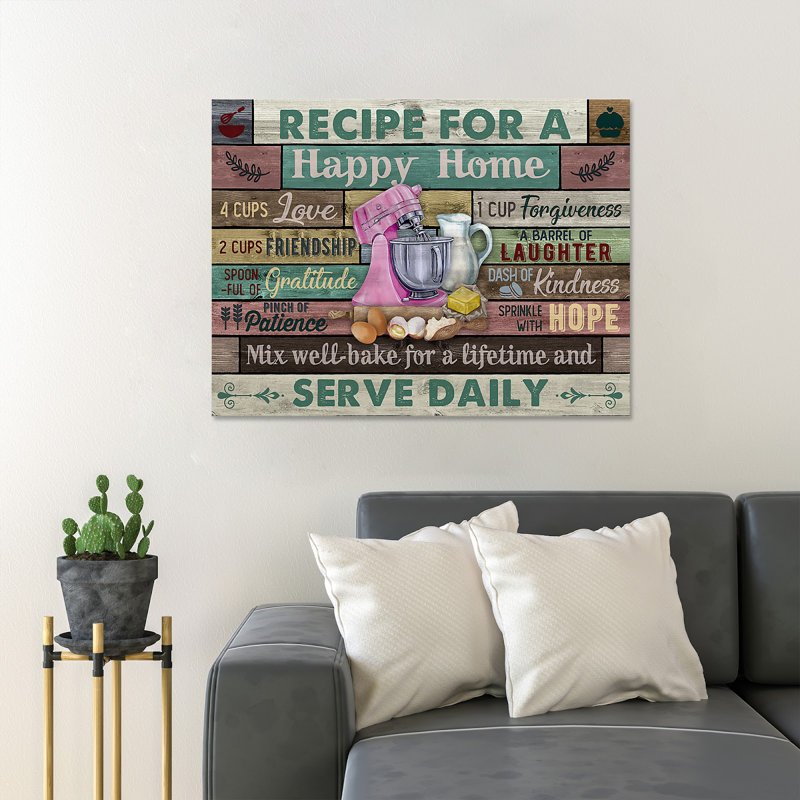 Outils de cuisson avec mots - Recette for a Happy Home - 1 pièce, impression d'art graphique rectangulaire sur toile tendue
