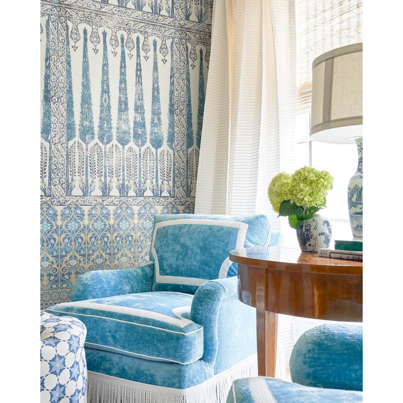 Ottoman Fantasy Ikat Grass Cloth Wallpaper, Turquoise Red