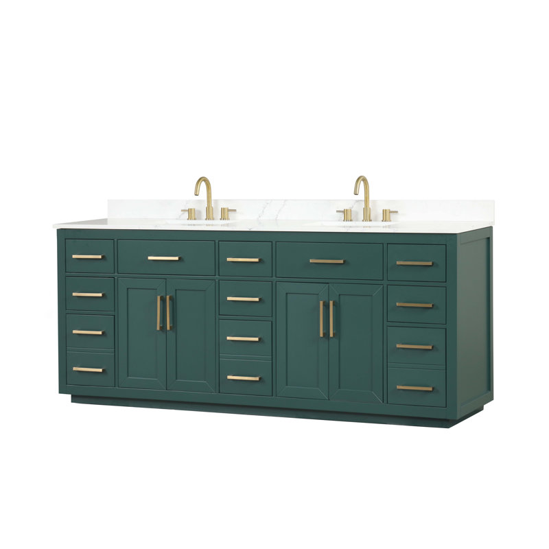 Green Solid Wood 84" Freestanding Double Sink Bathroom Vanity