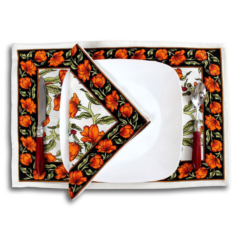 Ensemble de quatre napperons en coton Blend, Orange / blanc