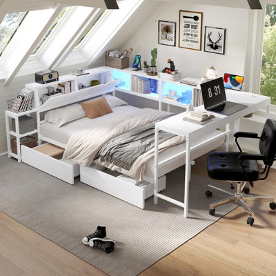 Corner Bed Frame Twin Size with Bookcase and 2 Underbed Storage Drawers, Modern Bed with LED Light and Charging Station, Left and Right Interchangeable