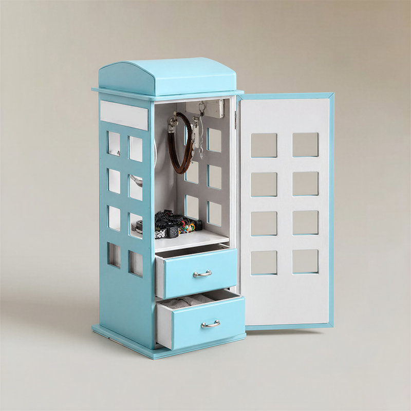 Telephone Booth Tall Leather Jewelry Box with Drawers