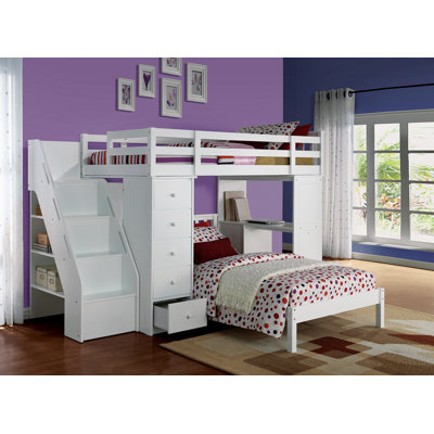 Lit mezzanine Freya avec finition blanche et rangement (n'incluant pas le lit simple inférieur)
