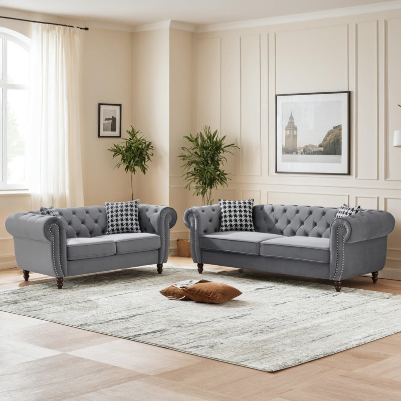 Ensemble de salon en velours 2 pièces Evastra, Gris