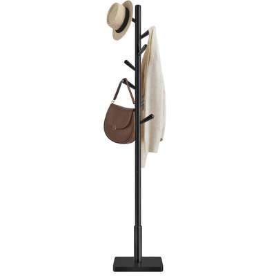 Solid Wood Coat Rack, Free Standing Hall Coat Tree With 8 Hooks, 3 Height Options, For Coats, Hats, Bags, Purses, For Entryway, Hallway, Rubberwood Hooks And Pole, Ink Black