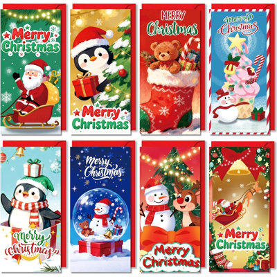 24Pcs Christmas Cash Money Holders, 8 Designs, Xmas Envelopes with Stickers & Inner Greetings for Gift Cards