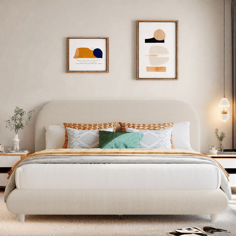 Lit plateforme tapissier avec tissu épais et design élégant en forme de courbe, Grand lit