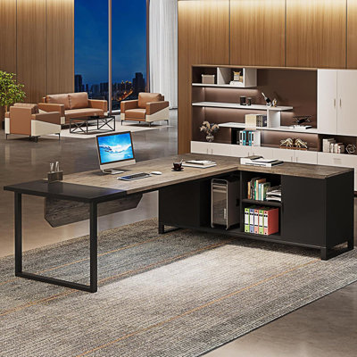 L-Shaped Executive Desk With File Cabinet, Large Industrial Computer Workstation With Storage