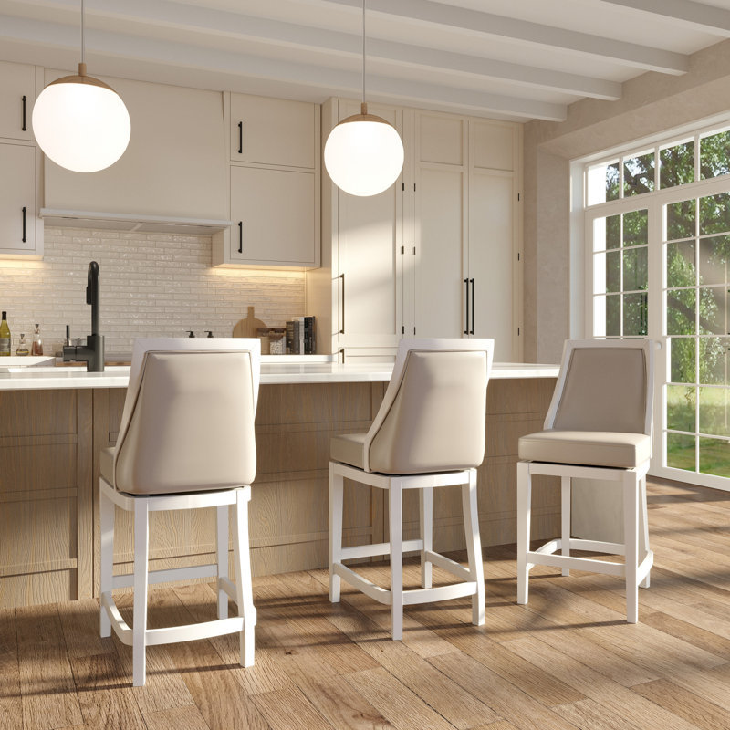 Tabouret de comptoir de 26 po, structure blanche, similicuir gris, pivotant à 180 degrés avec retour automatique, siège spacieux de l 18,5 po x P 17 po, assemblage articulé au doigt, patins de protection en plastique