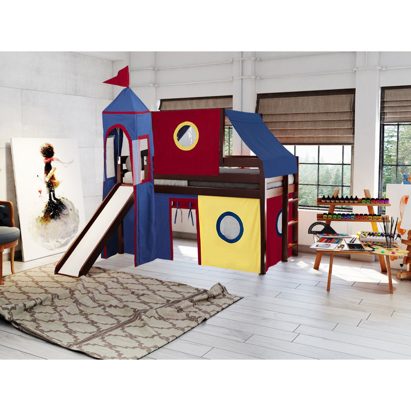 Johannes Solid Wood Twin Low Loft Bed with Ladder Slide Tent and Tower, Cherry, Red/Yellow/Blue