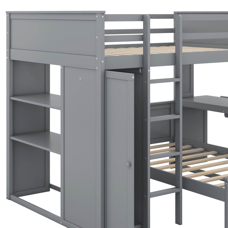Lit mezzanine double avec tablettes, bureau et garde-robe, Gris
