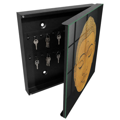 Key storage box, Opens to the left, 30x30x5, Black, A minimalist meditation motif in warm colors, 