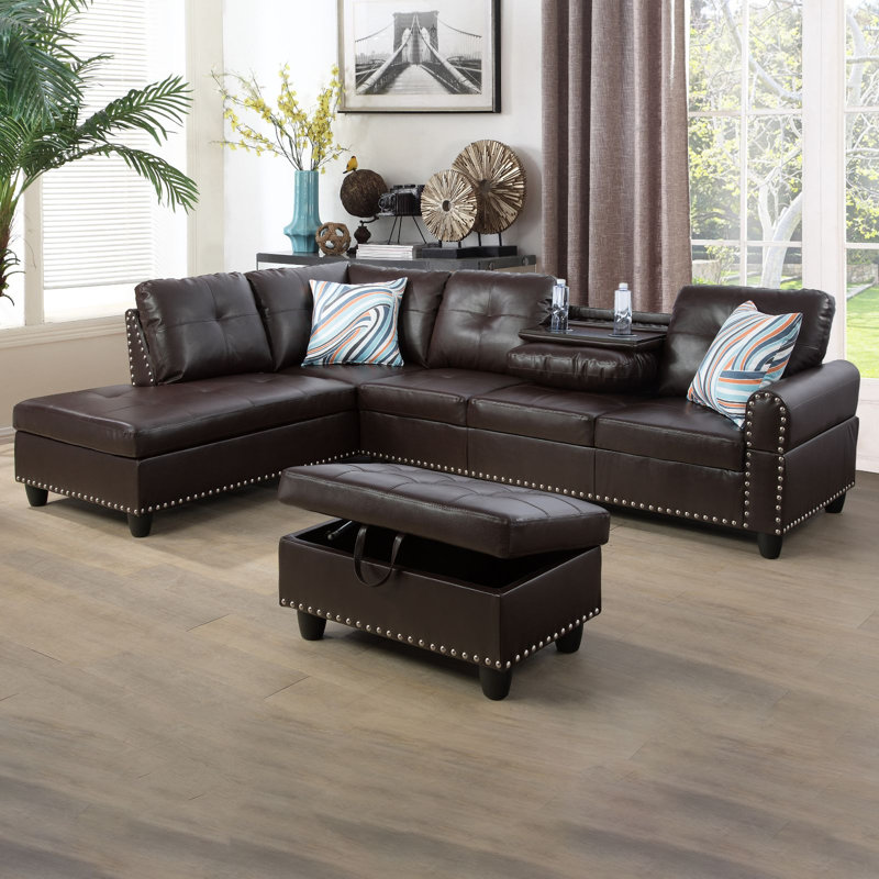 Aamanah 97"Faux Leather Sectional with Ottoman, Brown Faux Leather, Left Hand Facing
