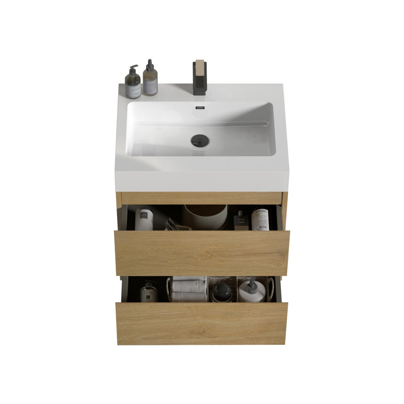 Armoire-vestiaire de salle de bain moderne en chêne naturel 24 po avec lavabo intégré, Chêne, Blanc