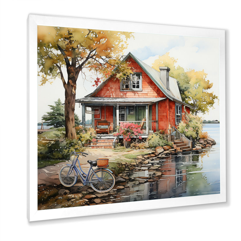 «Lakehouse Nostalgic Charm Pointillism I», reproduction, H 24 po x l 24 po x P 1 po, Cadre photo blanc