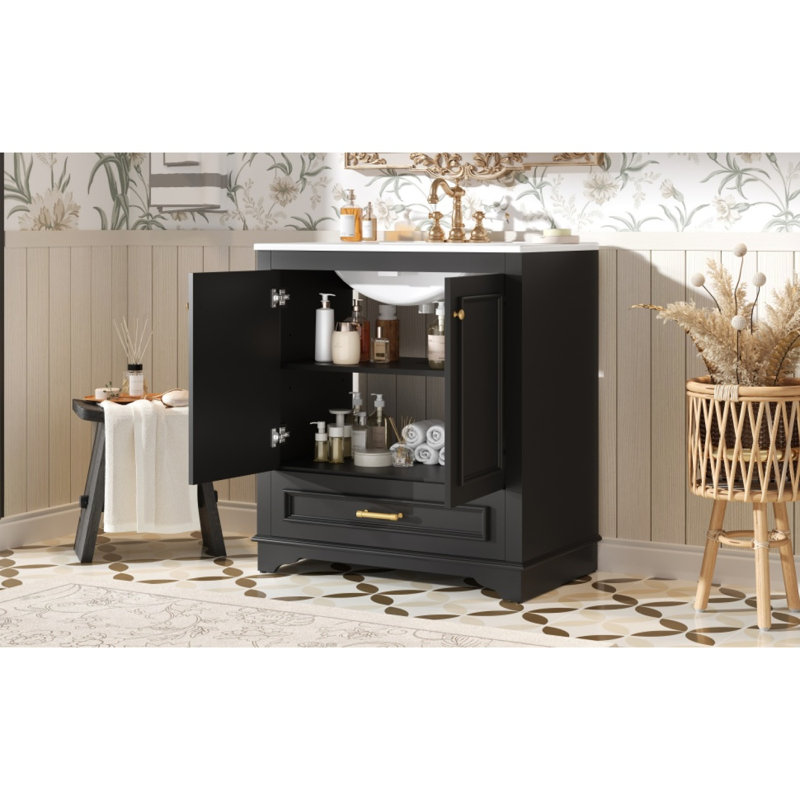 Meuble-lavabo 30 po avec lavabo en céramique et portes à fermeture douce, Noir