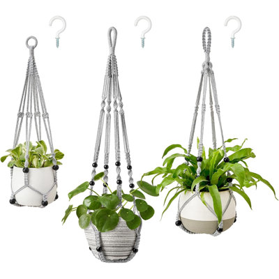 Set Of 3 Macrame Hanging Baskets, Plant Hangers, Indoor Plant Basket, Hanging Flower Pot Holder, Cotton Rope With Beads Without Tassels, 58 Cm/73 Cm/89 Cm