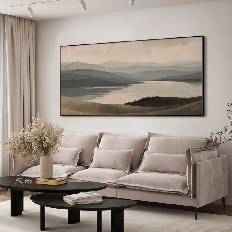 Très grande reproduction d'art sur toile - Lac neutre minimaliste et décor de paysage de montagnes ondulées pour le salon ou la chambre à coucher - «Assemblage requis du cadre (cadre non fini)»