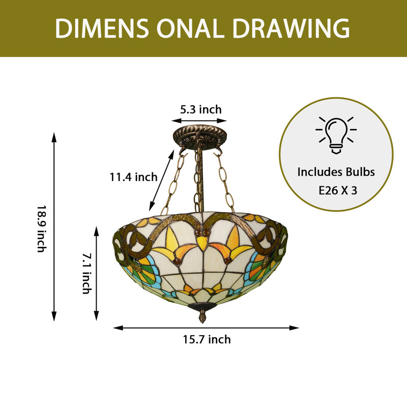 3-light Tiffany Glass Semi Flush Mount With Bulbs Included