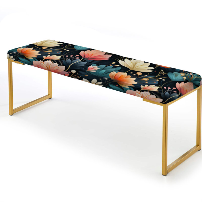 Upholstered Gold Bench, Coral And Green Floral Elegance Fantasy