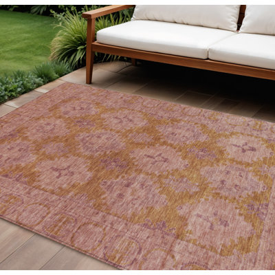 Tapis damassé rose et orange lavable pour intérieur/extérieur 3 m x 4,2 m