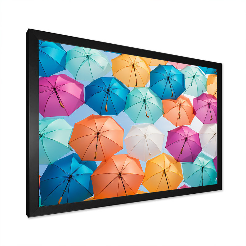 Multicolore parapluies photo moderne sur toile, H 30 po x l 40 po x P 1,5 po, Cadre simple noir