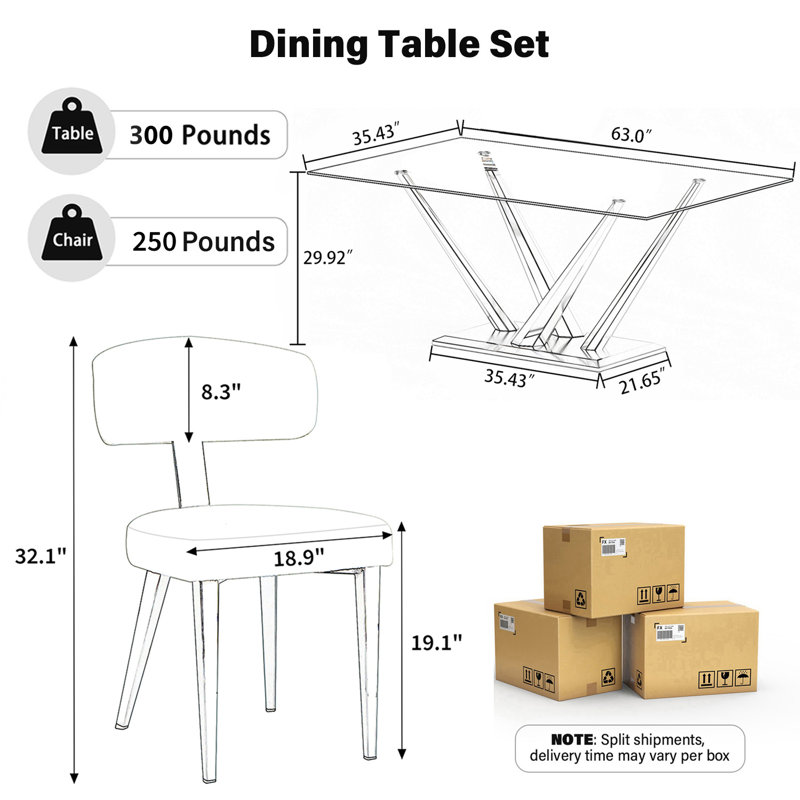 Ensemble de salle à manger sur pied 63 po avec chaises Modern, 7 pièces : table, 6 chaises, Noir