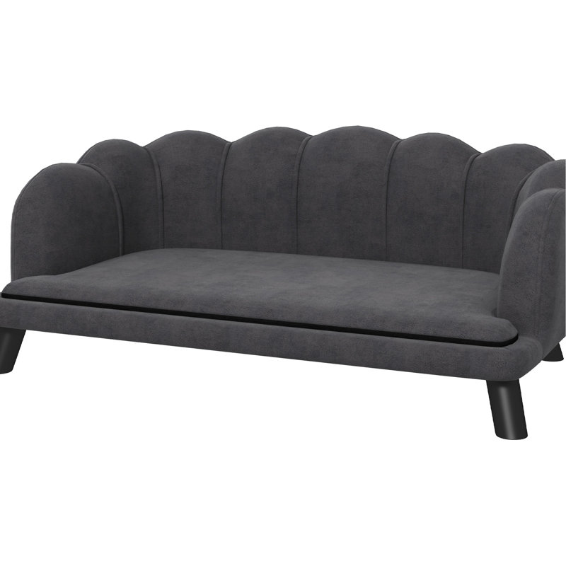 Charcoal Gray Dog Bed, Velvet Surface, Foam Cushioned, Elegant For Medium And Large Canines, 36.25" W X 18.5" D 1.5" H Cushion Dimensions, Assembly Needed Bed With Pearl Back Design,
