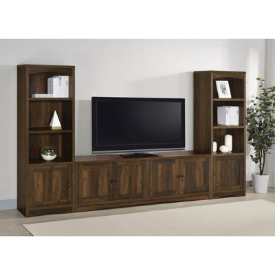 3 Tv Stand And Media Tower , Dark Pine Finish, 80 - 89 Inch Range, Rear Cord Management Cross Group Hidden Storage Entertainment Center, 78-Inch Stand, Two Towers, Suitable For 85-Inch Tvs