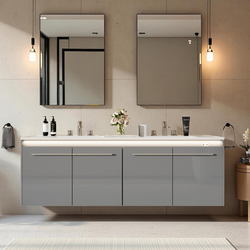 Ayanda 60" Led Floating Bathroom Double Vanity With Sink Combo, Gray, Gray