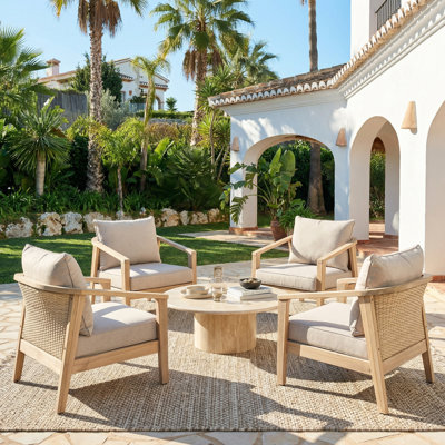 Avalon Modern Coastal Acacia Wood and Wicker Outdoor Club Chair with Cushions