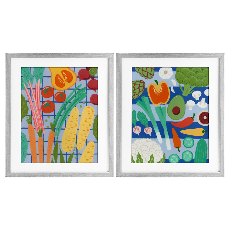 Ensemble de 2 impressions encadrées sous verre Bright Veggie Harvests, design par Courtney Haley, H 21 po x l 17 po