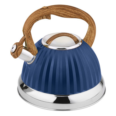 Lorren Home Trends Modern Stovetop Tea Kettle With Wooden Look Handle, Navy Blue, Stainless Steel, 3L/12 Cups, Whistling Spout, Induction Compatible