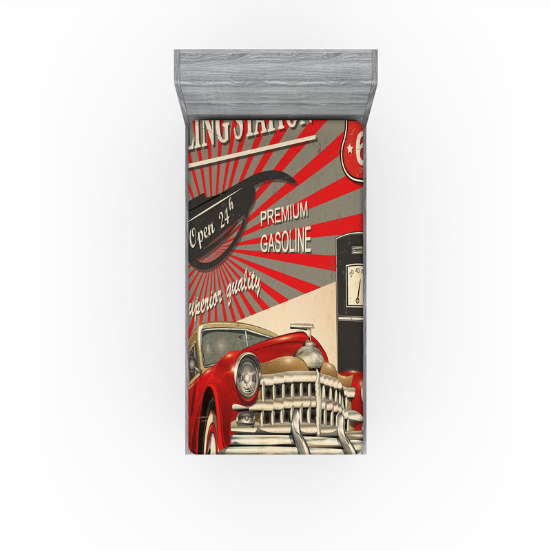 Ensemble de 2 draps-housse rétro Ambesonne Effet affiche rétro beige vermillon, Drap-housse simple très long